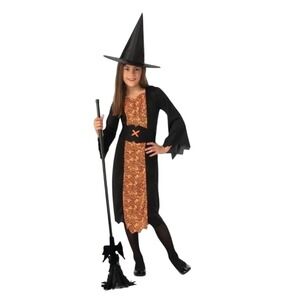 Girls Witch Costume Dress Hat Broom Halloween Spiderweb Black Orange Large‎